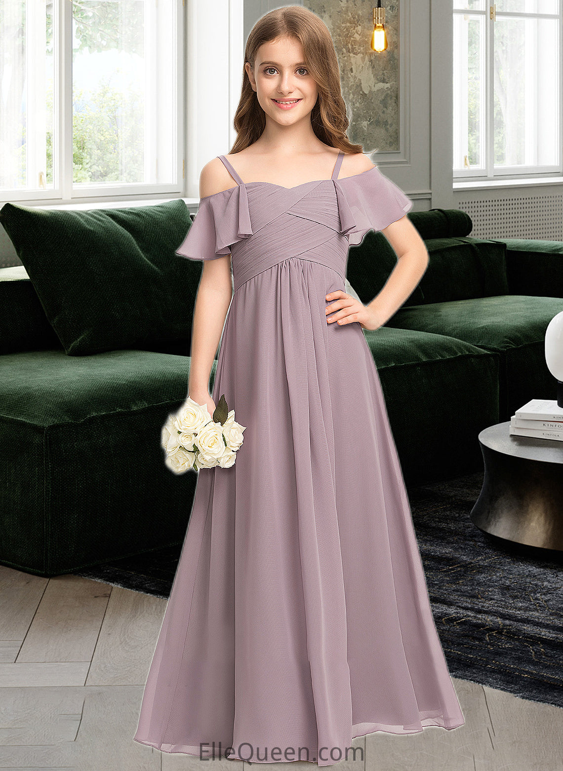 Eloise A-Line Off-the-Shoulder Floor-Length Chiffon Junior Bridesmaid Dress With Ruffle DGP0013610