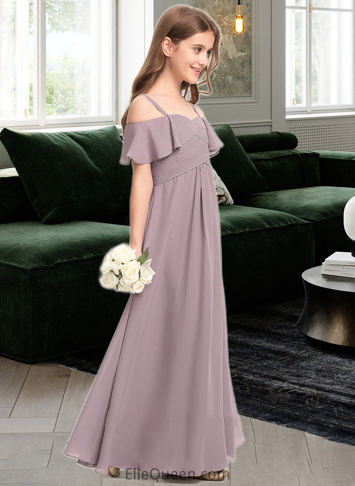 Eloise A-Line Off-the-Shoulder Floor-Length Chiffon Junior Bridesmaid Dress With Ruffle DGP0013610