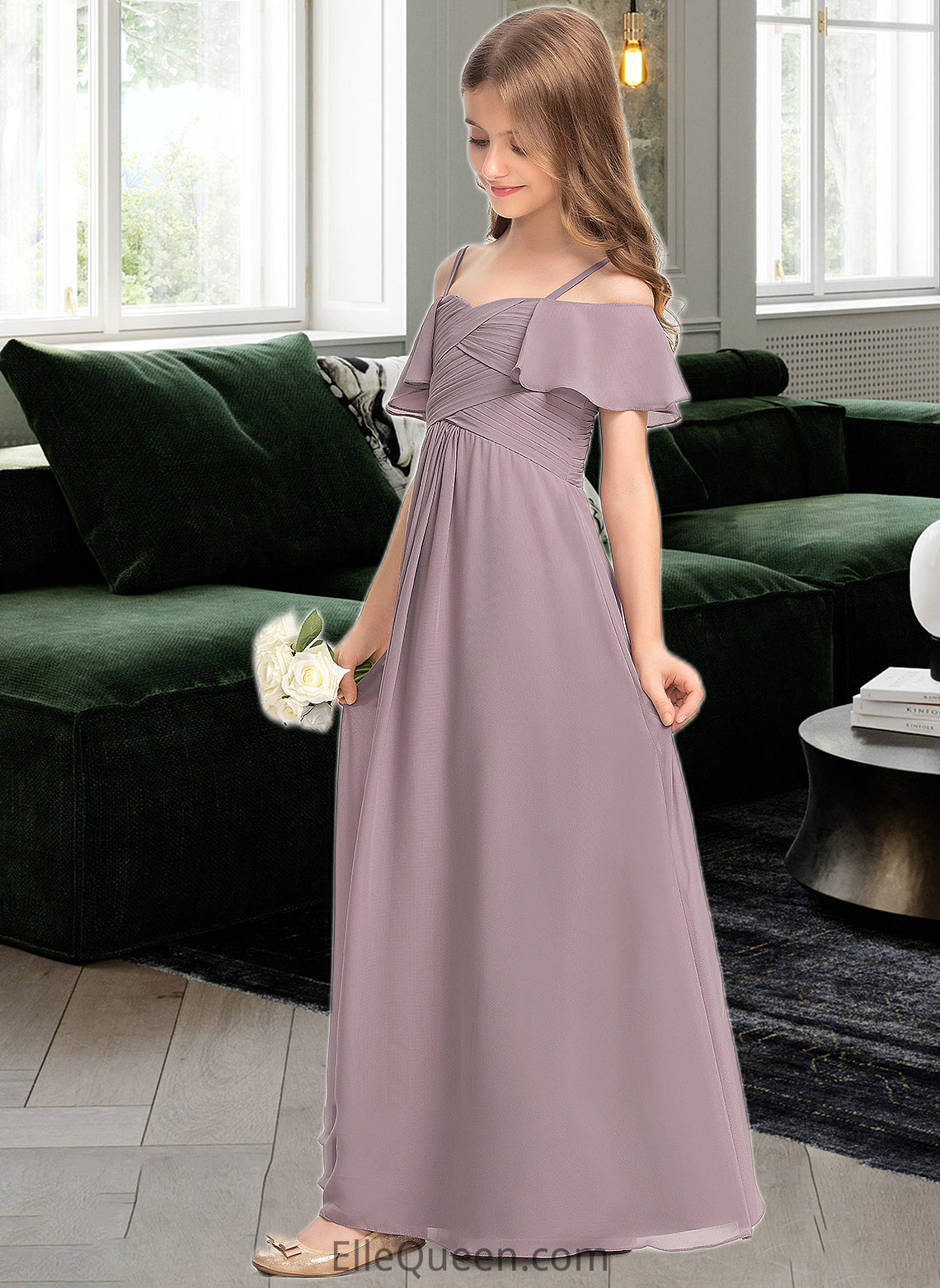 Eloise A-Line Off-the-Shoulder Floor-Length Chiffon Junior Bridesmaid Dress With Ruffle DGP0013610