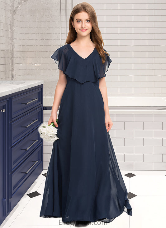 Belinda A-Line V-neck Floor-Length Chiffon Junior Bridesmaid Dress DGP0013611