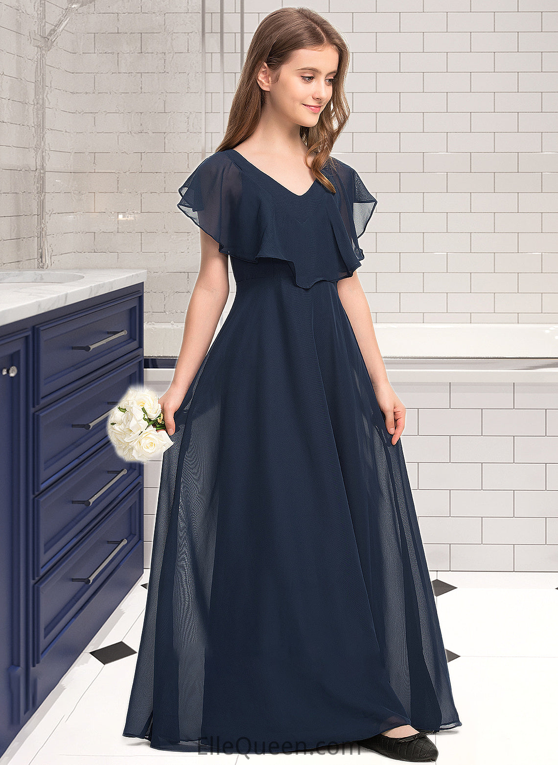 Belinda A-Line V-neck Floor-Length Chiffon Junior Bridesmaid Dress DGP0013611