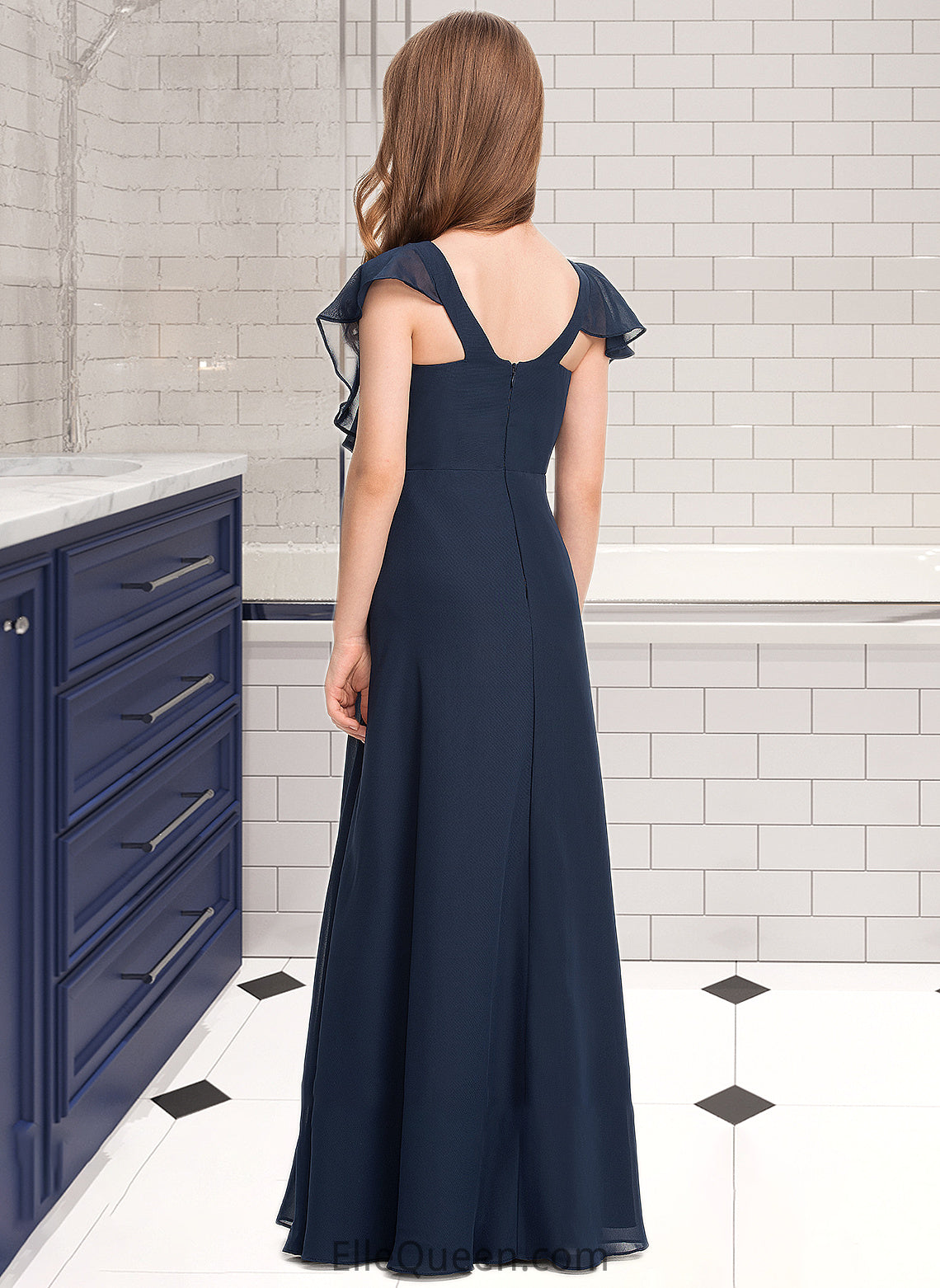 Belinda A-Line V-neck Floor-Length Chiffon Junior Bridesmaid Dress DGP0013611