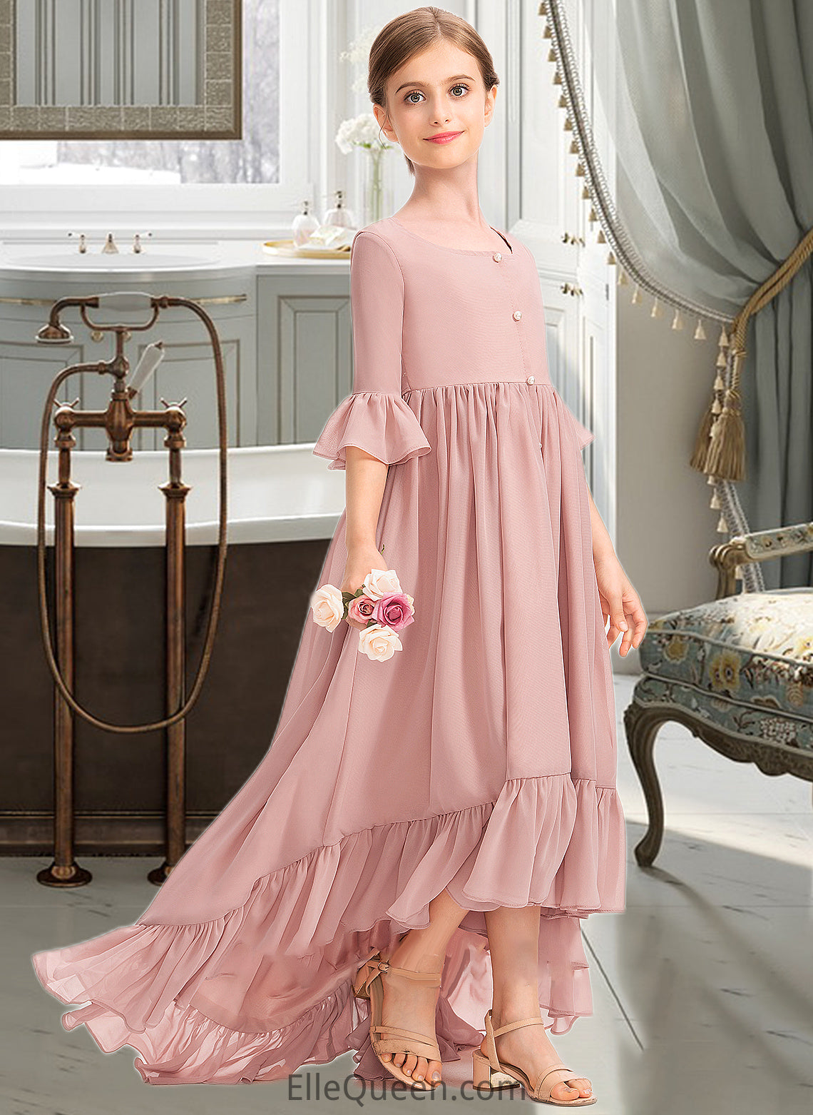 Jazmine A-Line Scoop Neck Asymmetrical Chiffon Junior Bridesmaid Dress With Bow(s) Cascading Ruffles DGP0013612