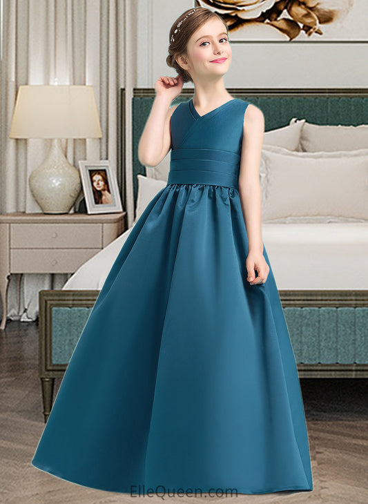 Kinsley Ball-Gown/Princess V-neck Floor-Length Satin Junior Bridesmaid Dress With Ruffle DGP0013613