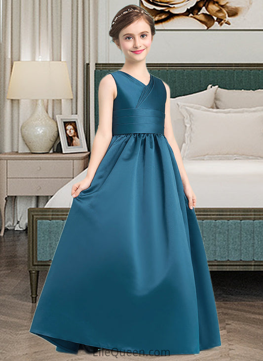 Kinsley Ball-Gown/Princess V-neck Floor-Length Satin Junior Bridesmaid Dress With Ruffle DGP0013613