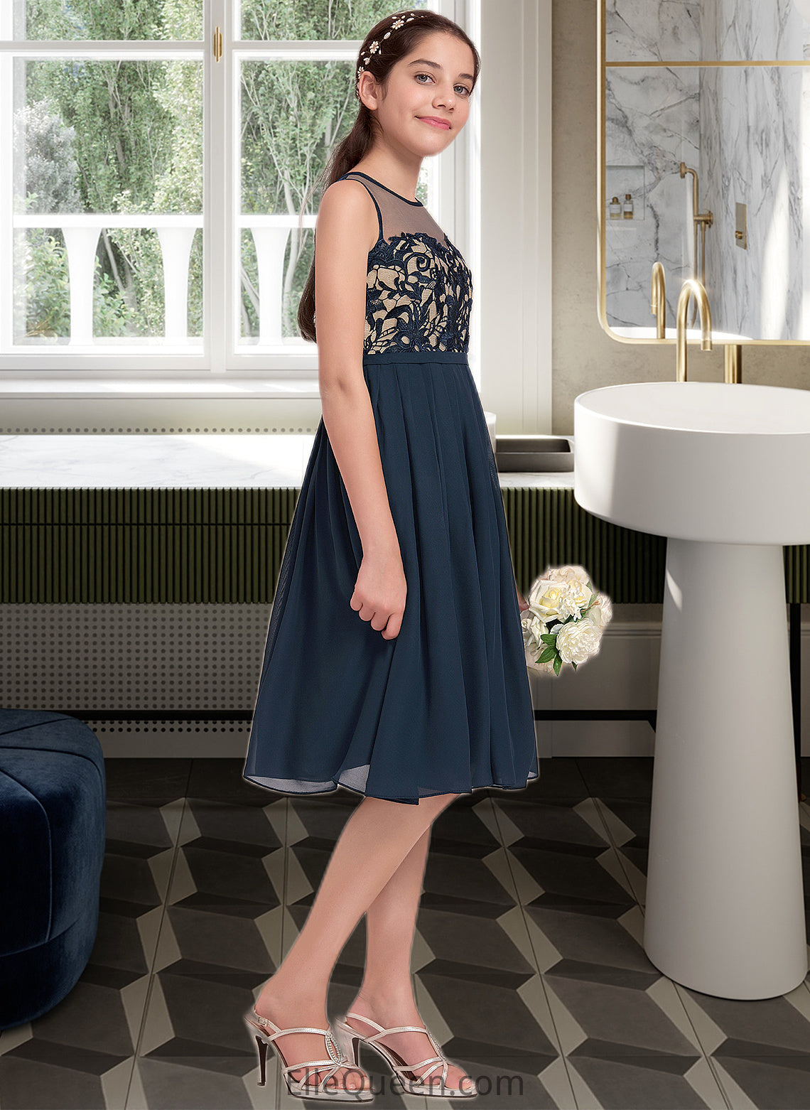 Kaelyn A-Line Scoop Neck Knee-Length Chiffon Junior Bridesmaid Dress DGP0013614