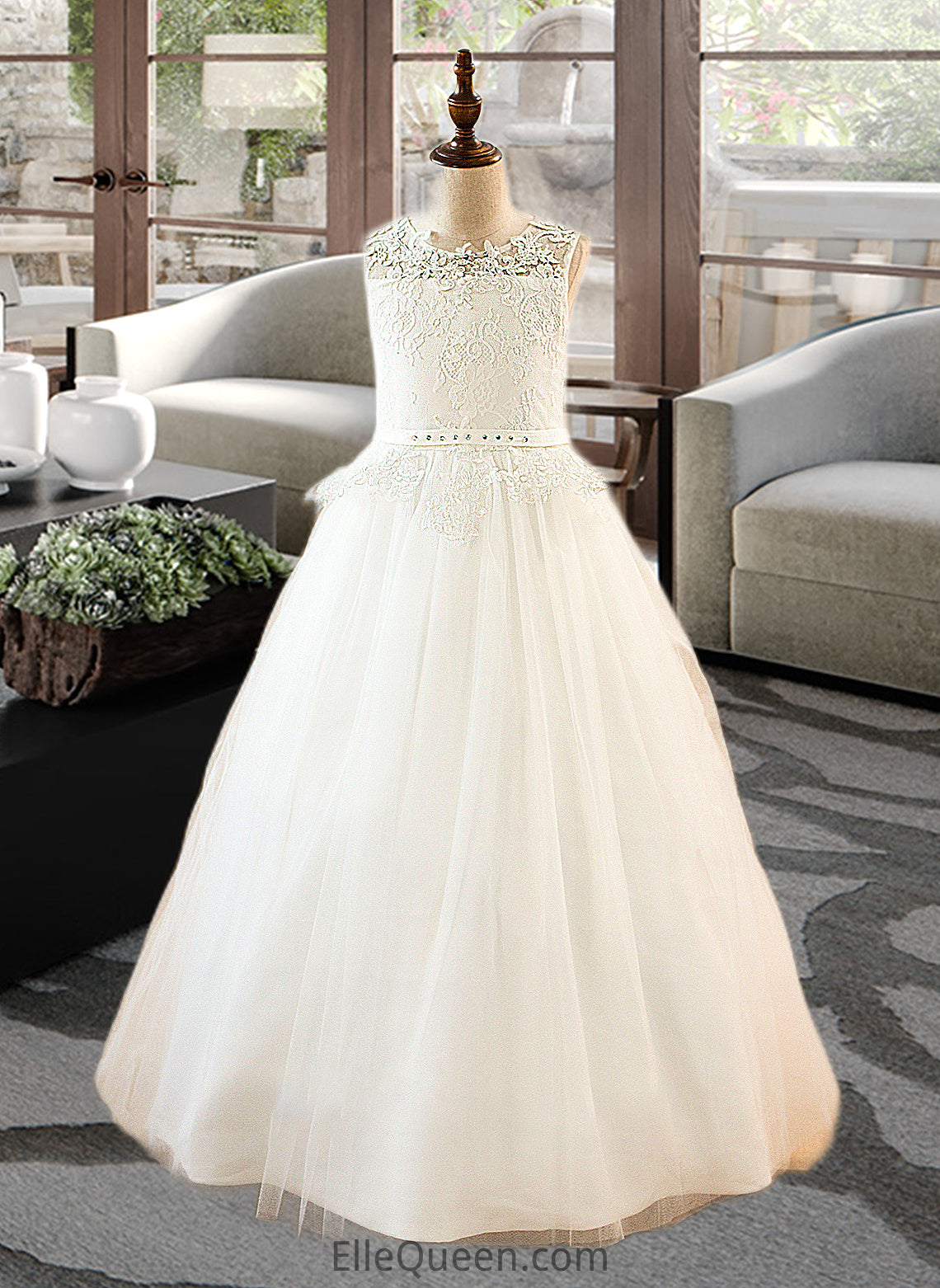 Allisson Ball-Gown/PrincessScoopNeckFloor-LengthTulleJuniorBridesmaidDressWithSashBeading#136423 DGP0013615