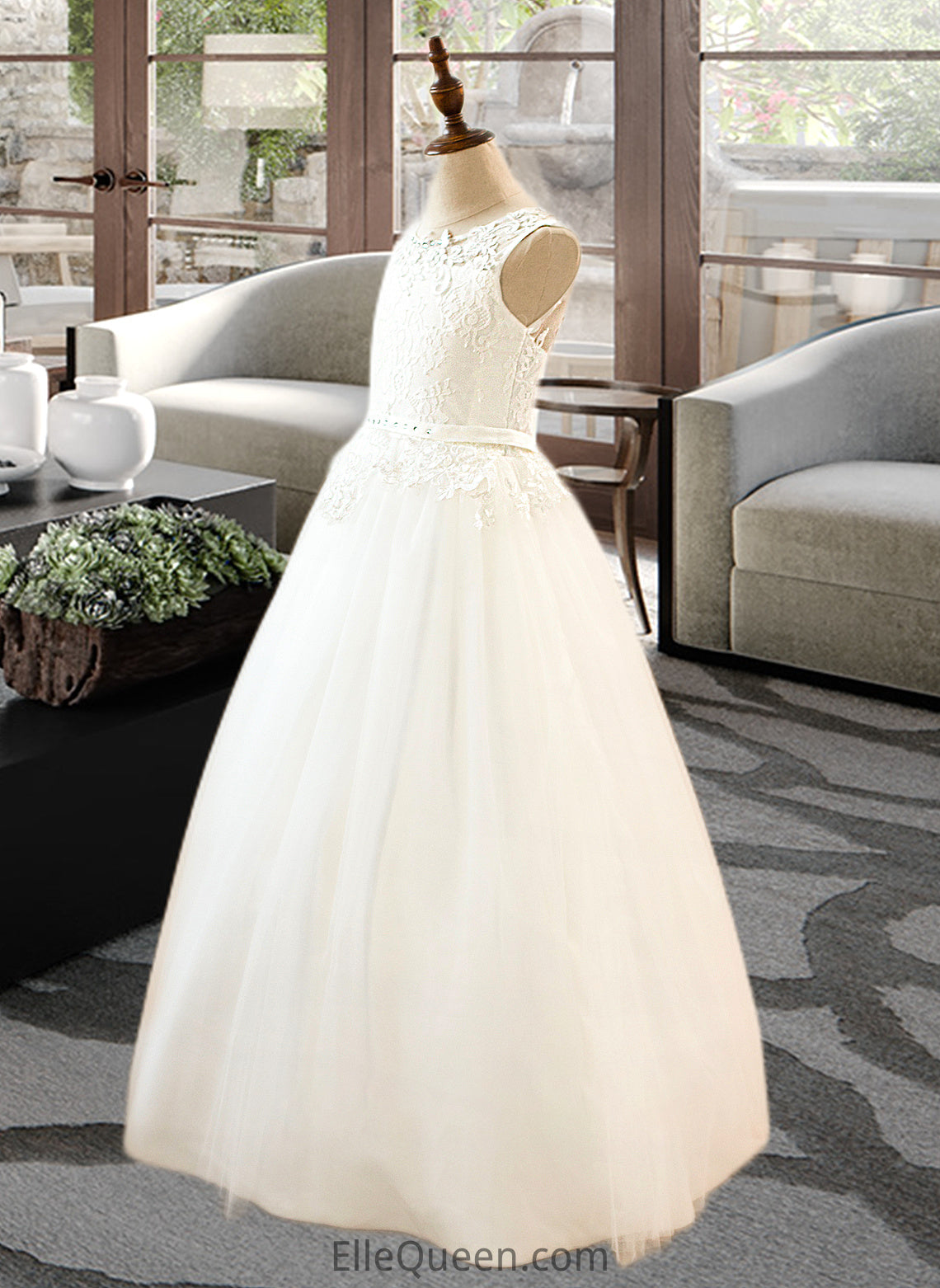 Allisson Ball-Gown/PrincessScoopNeckFloor-LengthTulleJuniorBridesmaidDressWithSashBeading#136423 DGP0013615