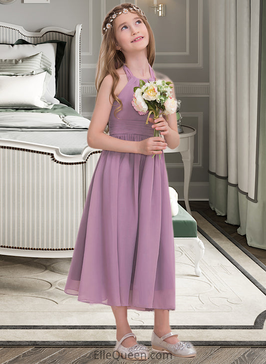 Olga A-Line Halter Tea-Length Chiffon Junior Bridesmaid Dress With Ruffle DGP0013616