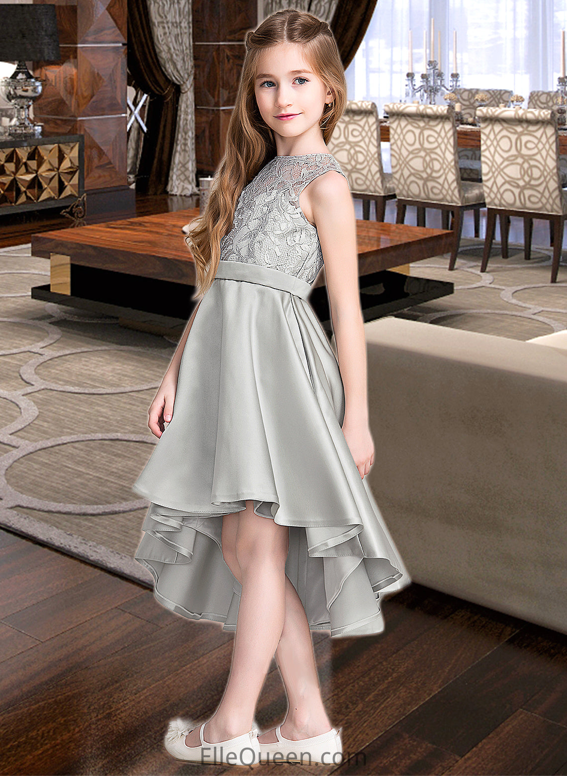 Camilla A-Line Scoop Neck Asymmetrical Satin Junior Bridesmaid Dress DGP0013618