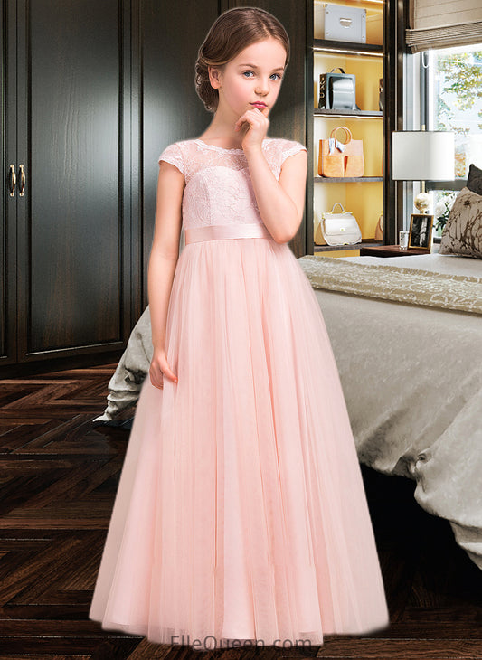 Kamila A-Line Scoop Neck Floor-Length Tulle Lace Junior Bridesmaid Dress With Bow(s) DGP0013619