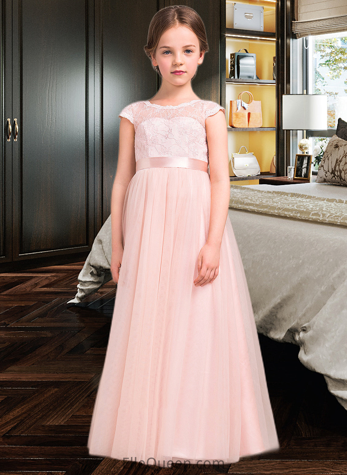 Kamila A-Line Scoop Neck Floor-Length Tulle Lace Junior Bridesmaid Dress With Bow(s) DGP0013619