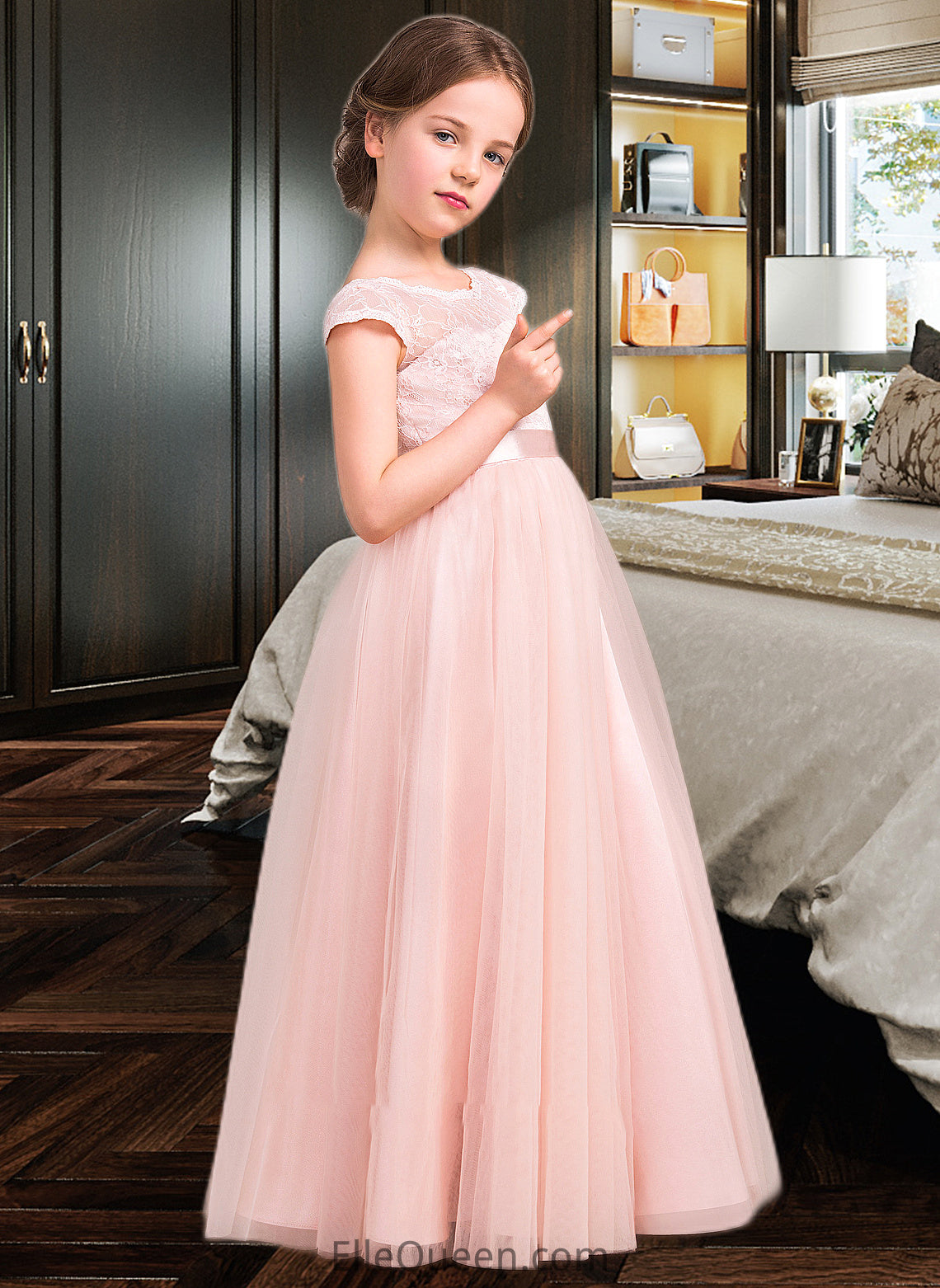 Kamila A-Line Scoop Neck Floor-Length Tulle Lace Junior Bridesmaid Dress With Bow(s) DGP0013619