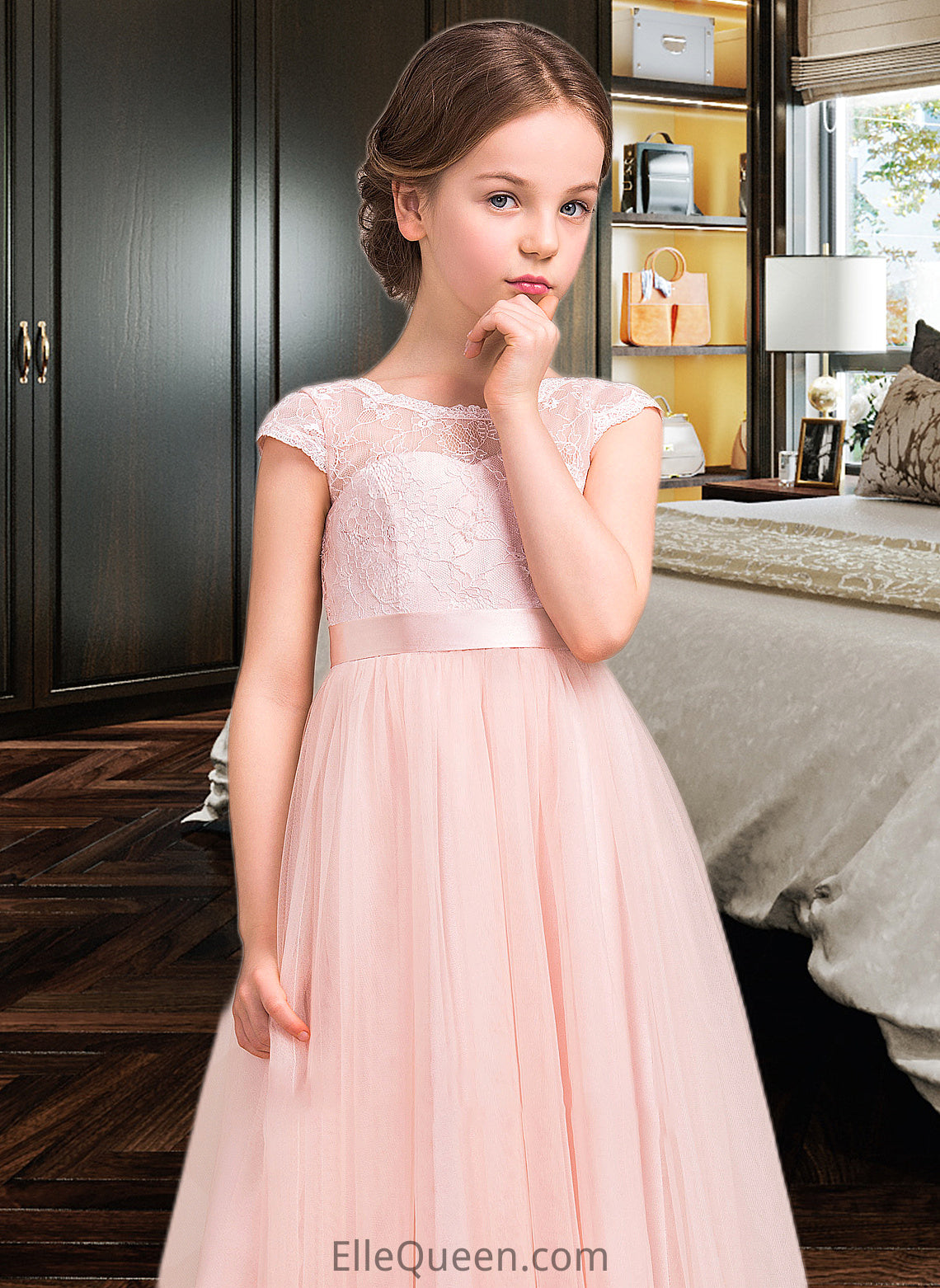 Kamila A-Line Scoop Neck Floor-Length Tulle Lace Junior Bridesmaid Dress With Bow(s) DGP0013619