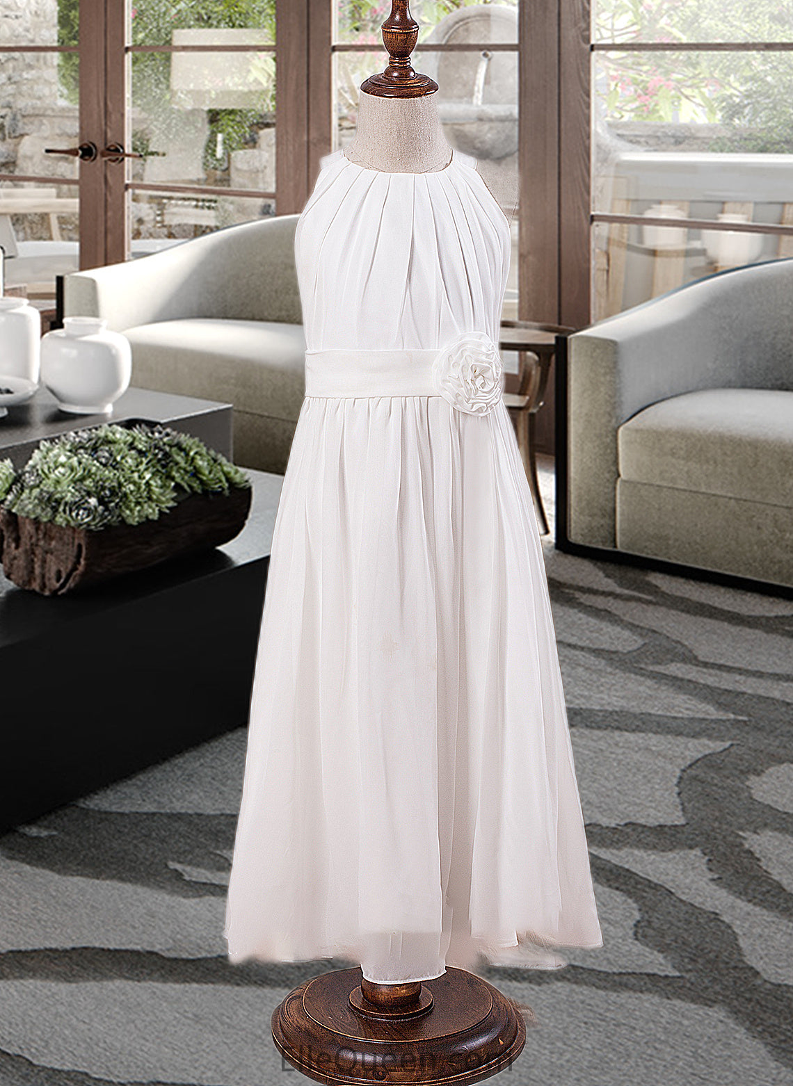 Fiona A-Line Scoop Neck Ankle-Length Chiffon Junior Bridesmaid Dress With Flower(s) DGP0013621