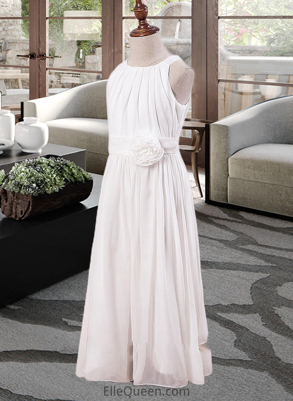 Fiona A-Line Scoop Neck Ankle-Length Chiffon Junior Bridesmaid Dress With Flower(s) DGP0013621