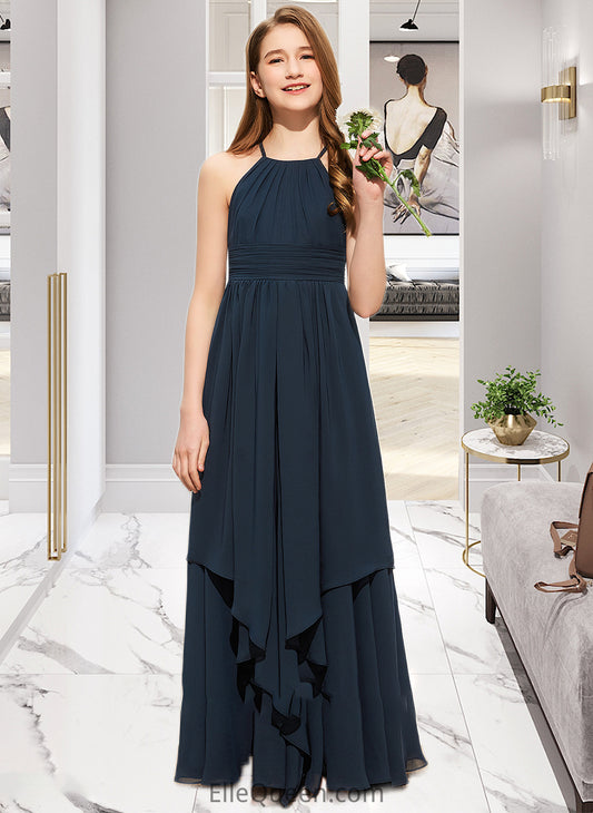 Reina A-Line Scoop Neck Floor-Length Chiffon Junior Bridesmaid Dress With Cascading Ruffles DGP0013622