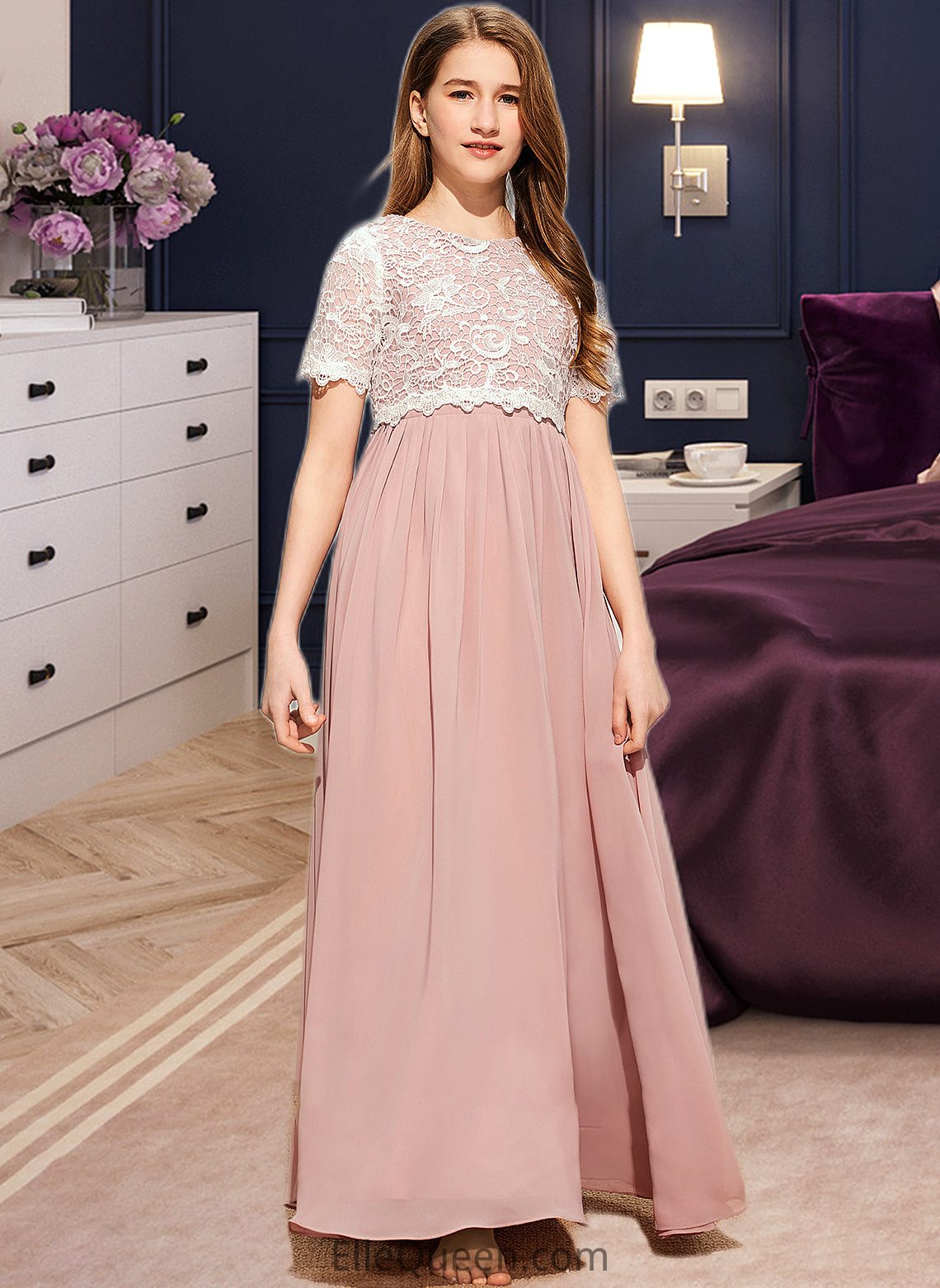 Quintina A-Line Scoop Neck Floor-Length Chiffon Lace Junior Bridesmaid Dress DGP0013623