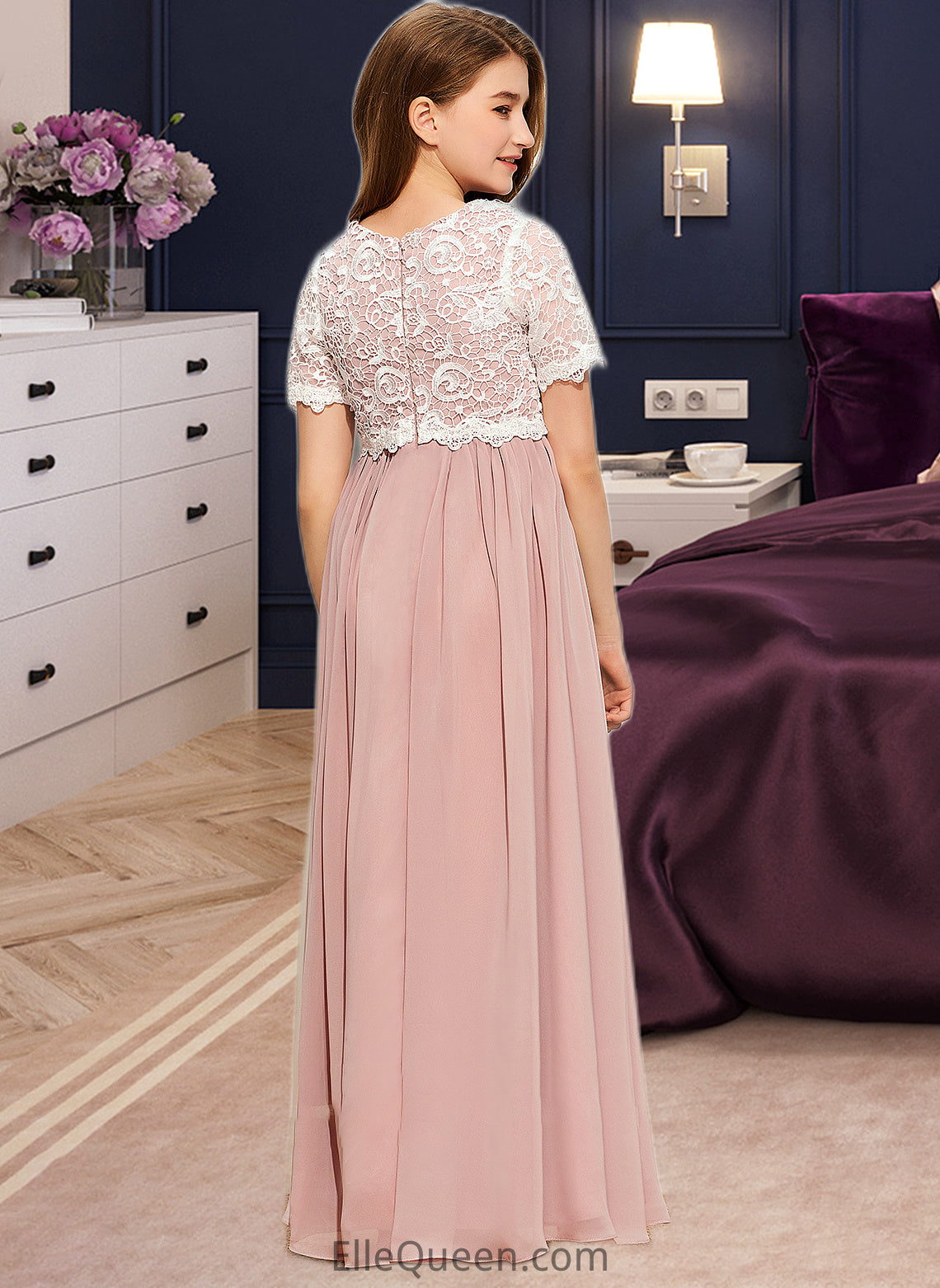 Quintina A-Line Scoop Neck Floor-Length Chiffon Lace Junior Bridesmaid Dress DGP0013623