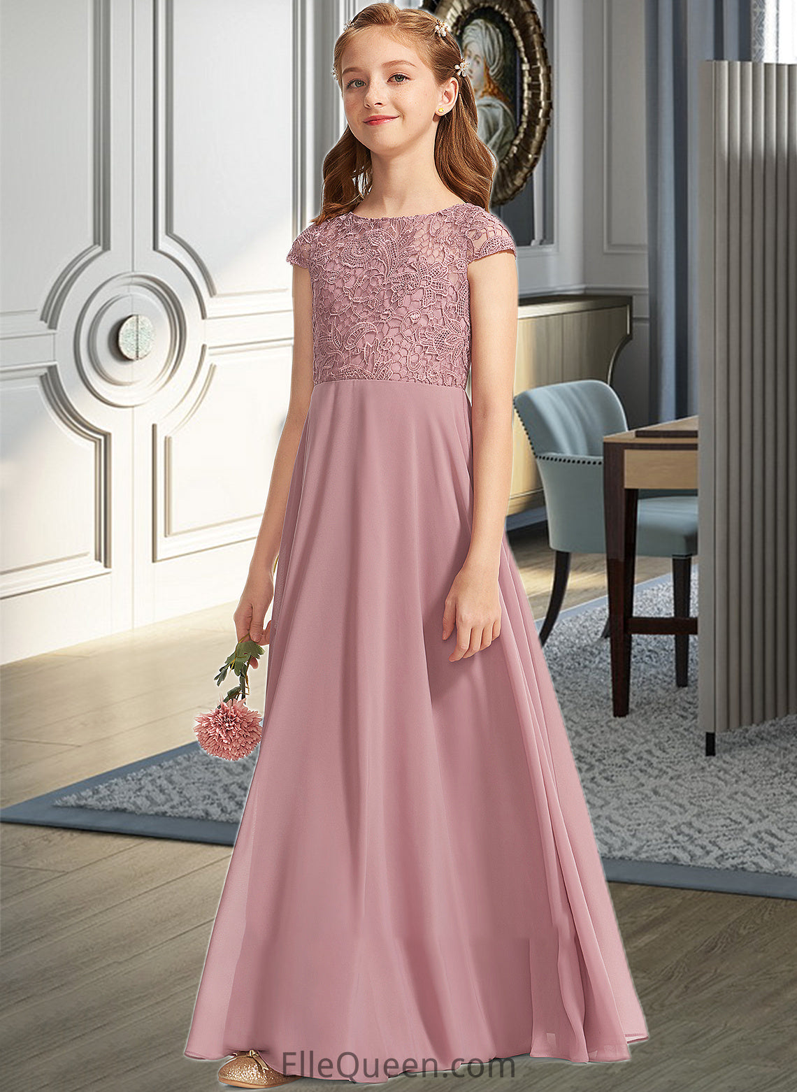 Lauren A-Line Scoop Neck Floor-Length Chiffon Lace Junior Bridesmaid Dress DGP0013624