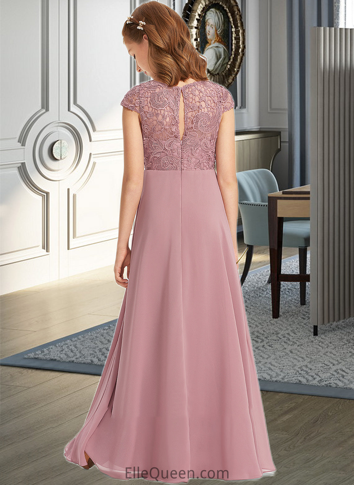 Lauren A-Line Scoop Neck Floor-Length Chiffon Lace Junior Bridesmaid Dress DGP0013624