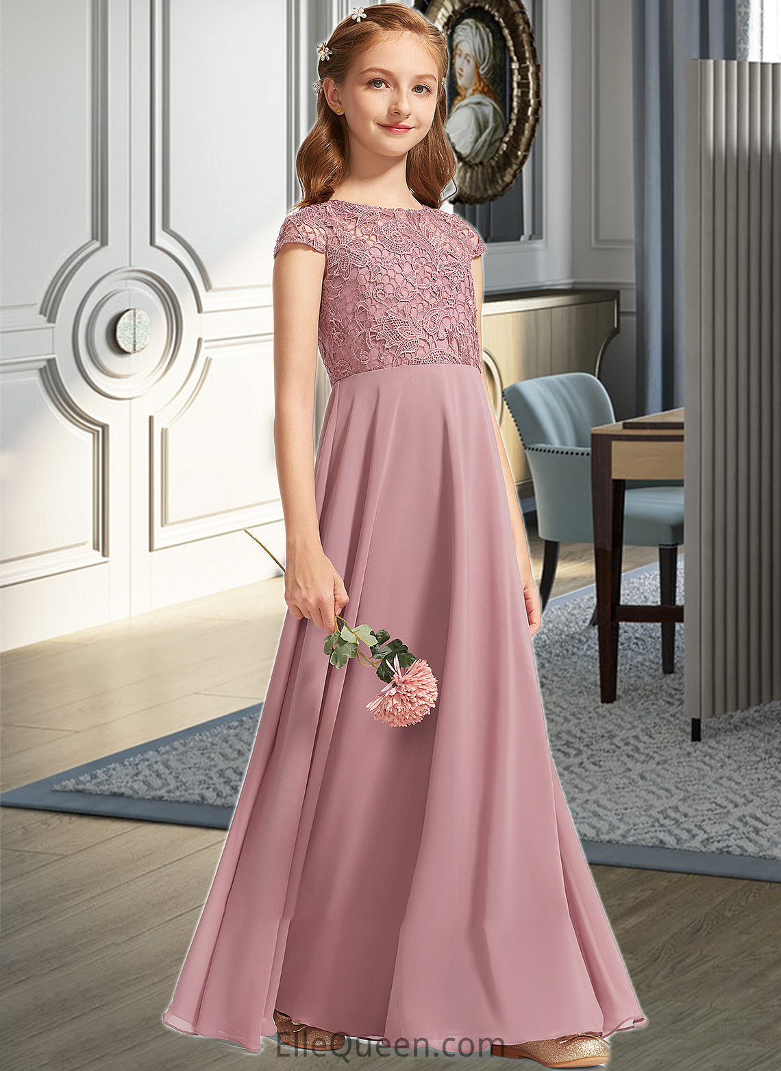 Lauren A-Line Scoop Neck Floor-Length Chiffon Lace Junior Bridesmaid Dress DGP0013624