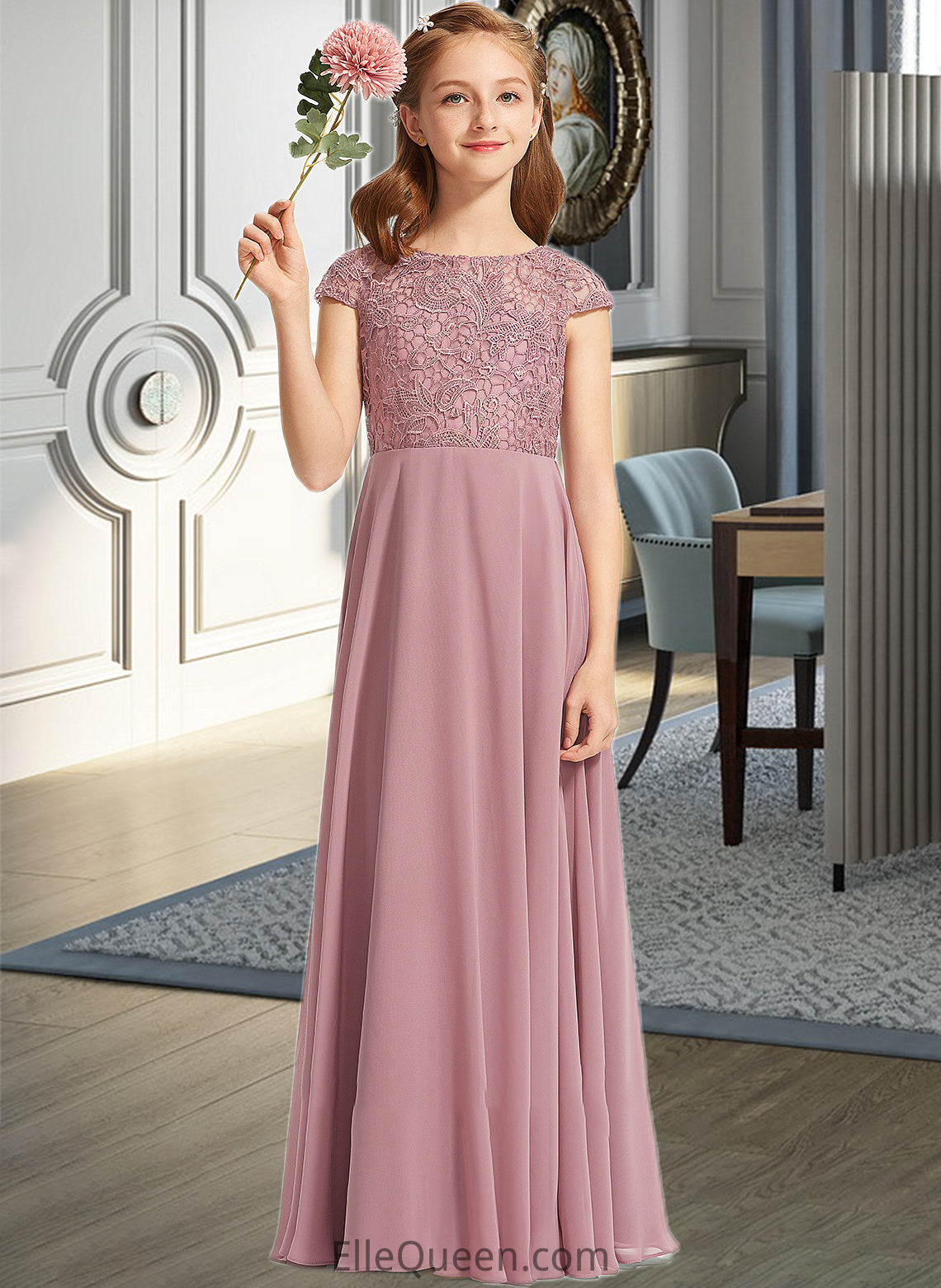 Lauren A-Line Scoop Neck Floor-Length Chiffon Lace Junior Bridesmaid Dress DGP0013624