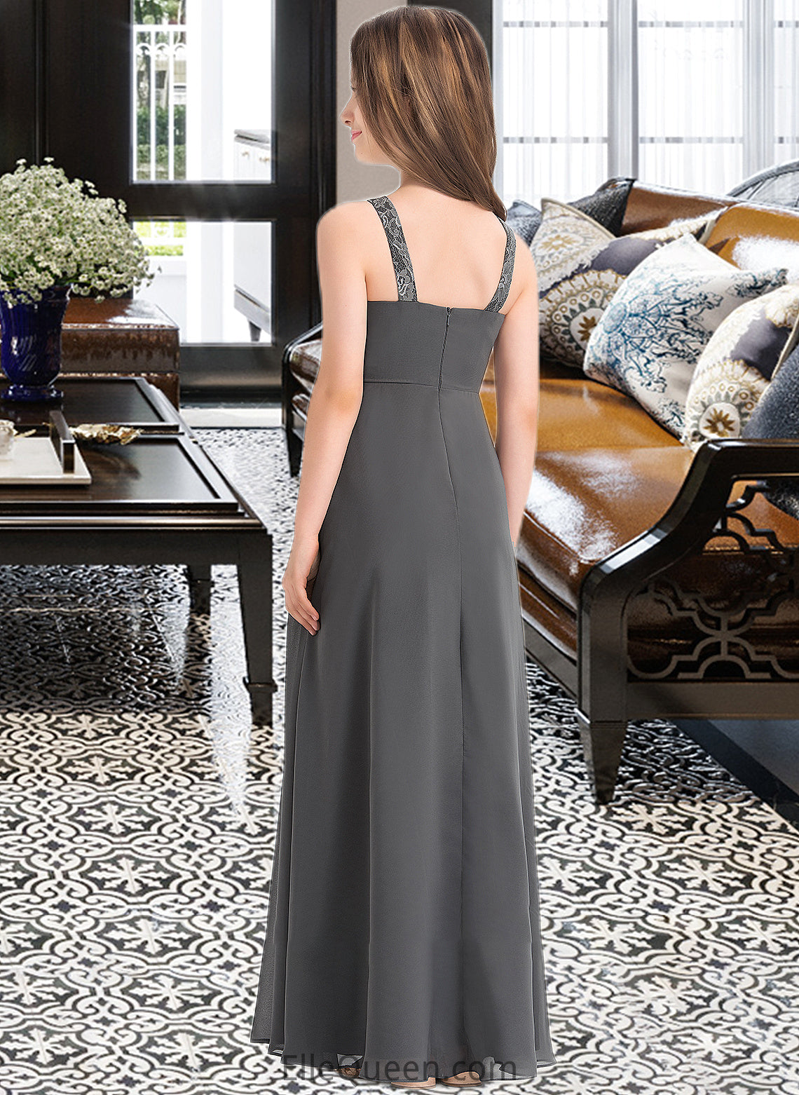 Zoie A-Line Scoop Neck Floor-Length Chiffon Junior Bridesmaid Dress With Ruffle Lace DGP0013625