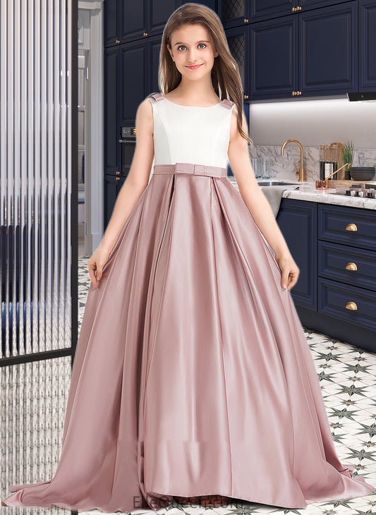 Guadalupe Ball-Gown/Princess Scoop Neck Sweep Train Satin Junior Bridesmaid Dress With Bow(s) Pockets DGP0013626