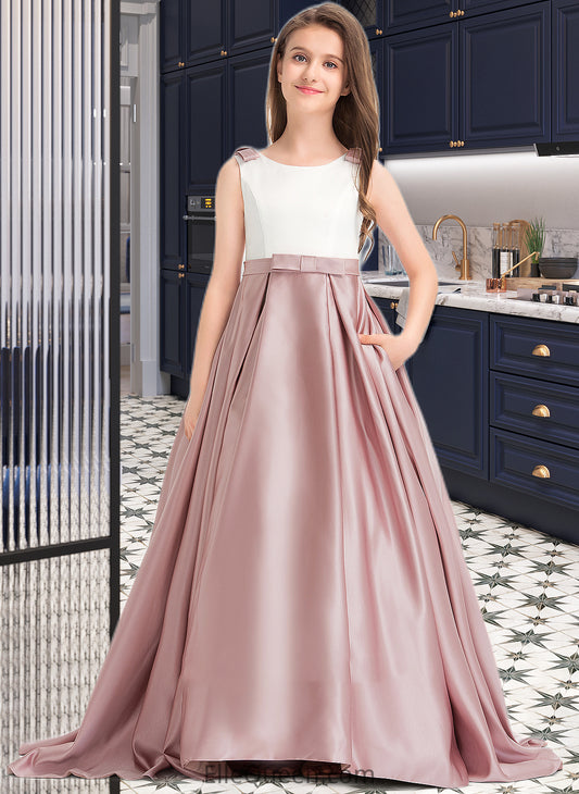 Guadalupe Ball-Gown/Princess Scoop Neck Sweep Train Satin Junior Bridesmaid Dress With Bow(s) Pockets DGP0013626