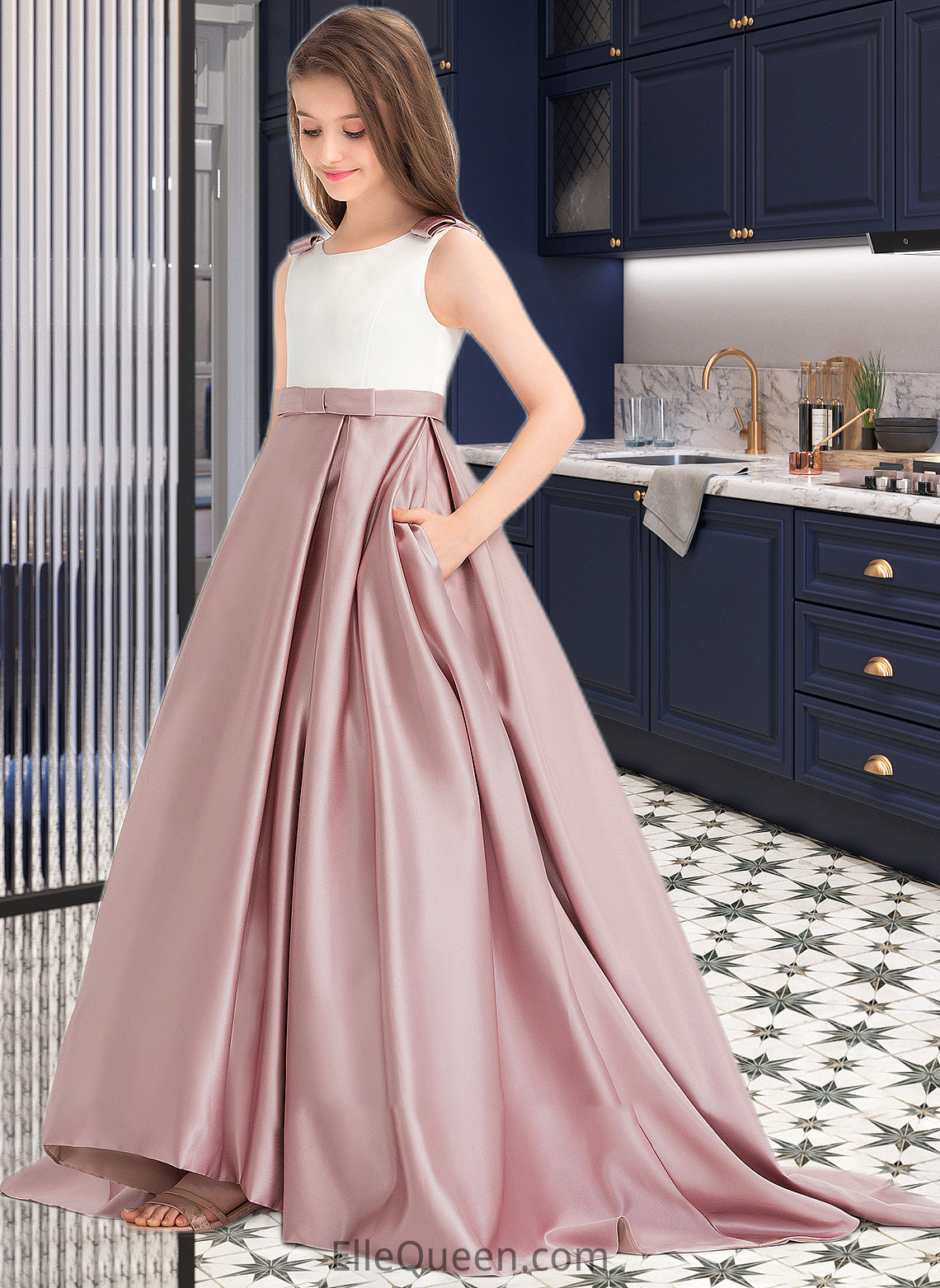 Guadalupe Ball-Gown/Princess Scoop Neck Sweep Train Satin Junior Bridesmaid Dress With Bow(s) Pockets DGP0013626