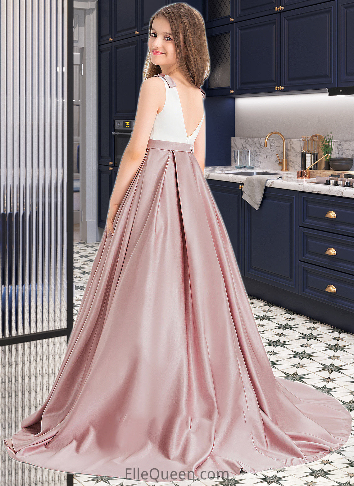 Guadalupe Ball-Gown/Princess Scoop Neck Sweep Train Satin Junior Bridesmaid Dress With Bow(s) Pockets DGP0013626