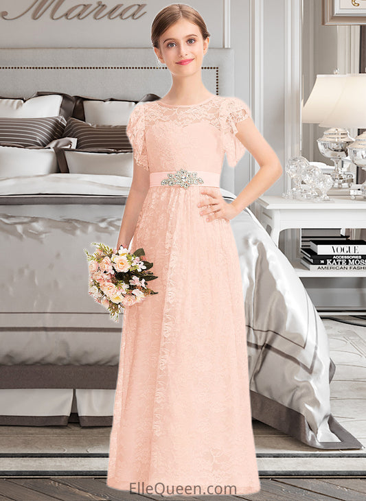 Paige A-Line Scoop Neck Floor-Length Lace Junior Bridesmaid Dress With Beading Bow(s) Cascading Ruffles DGP0013627