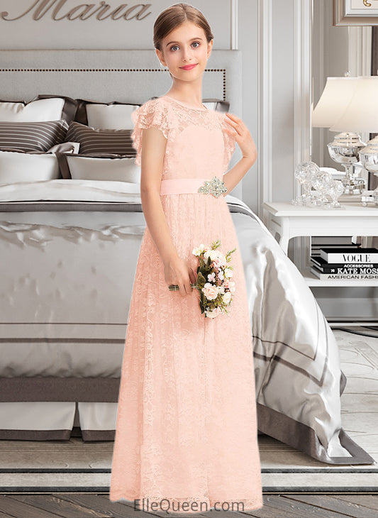 Paige A-Line Scoop Neck Floor-Length Lace Junior Bridesmaid Dress With Beading Bow(s) Cascading Ruffles DGP0013627