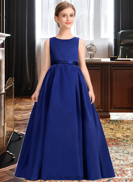 Anne Ball-Gown/Princess Scoop Neck Sweep Train Satin Junior Bridesmaid Dress With Bow(s) DGP0013628