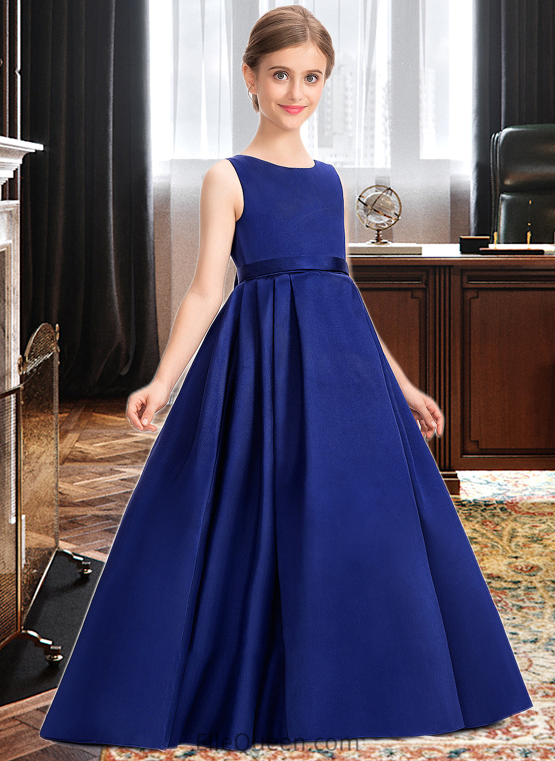 Anne Ball-Gown/Princess Scoop Neck Sweep Train Satin Junior Bridesmaid Dress With Bow(s) DGP0013628