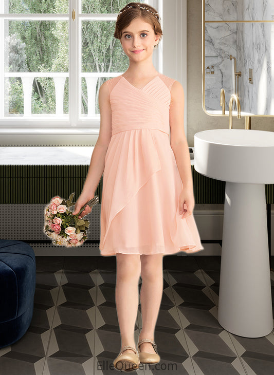 Emmalee A-Line V-neck Knee-Length Chiffon Lace Junior Bridesmaid Dress With Cascading Ruffles DGP0013630