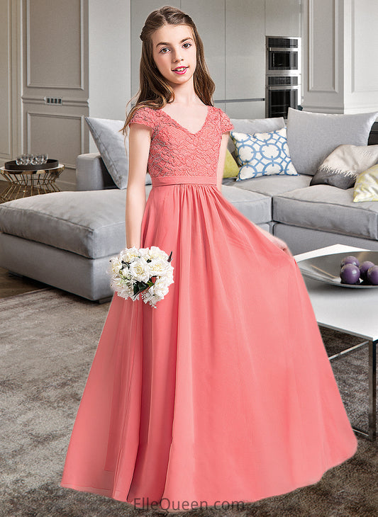 Violet A-Line V-neck Floor-Length Chiffon Lace Junior Bridesmaid Dress DGP0013634