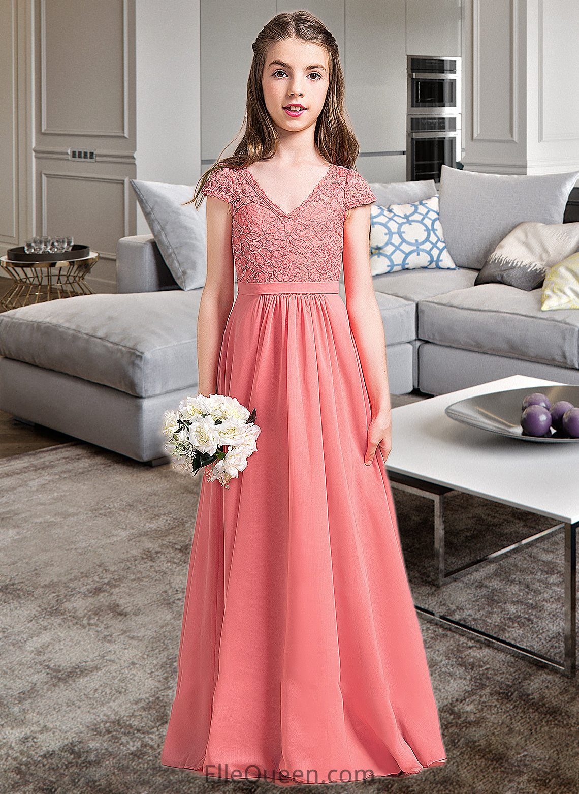 Violet A-Line V-neck Floor-Length Chiffon Lace Junior Bridesmaid Dress DGP0013634