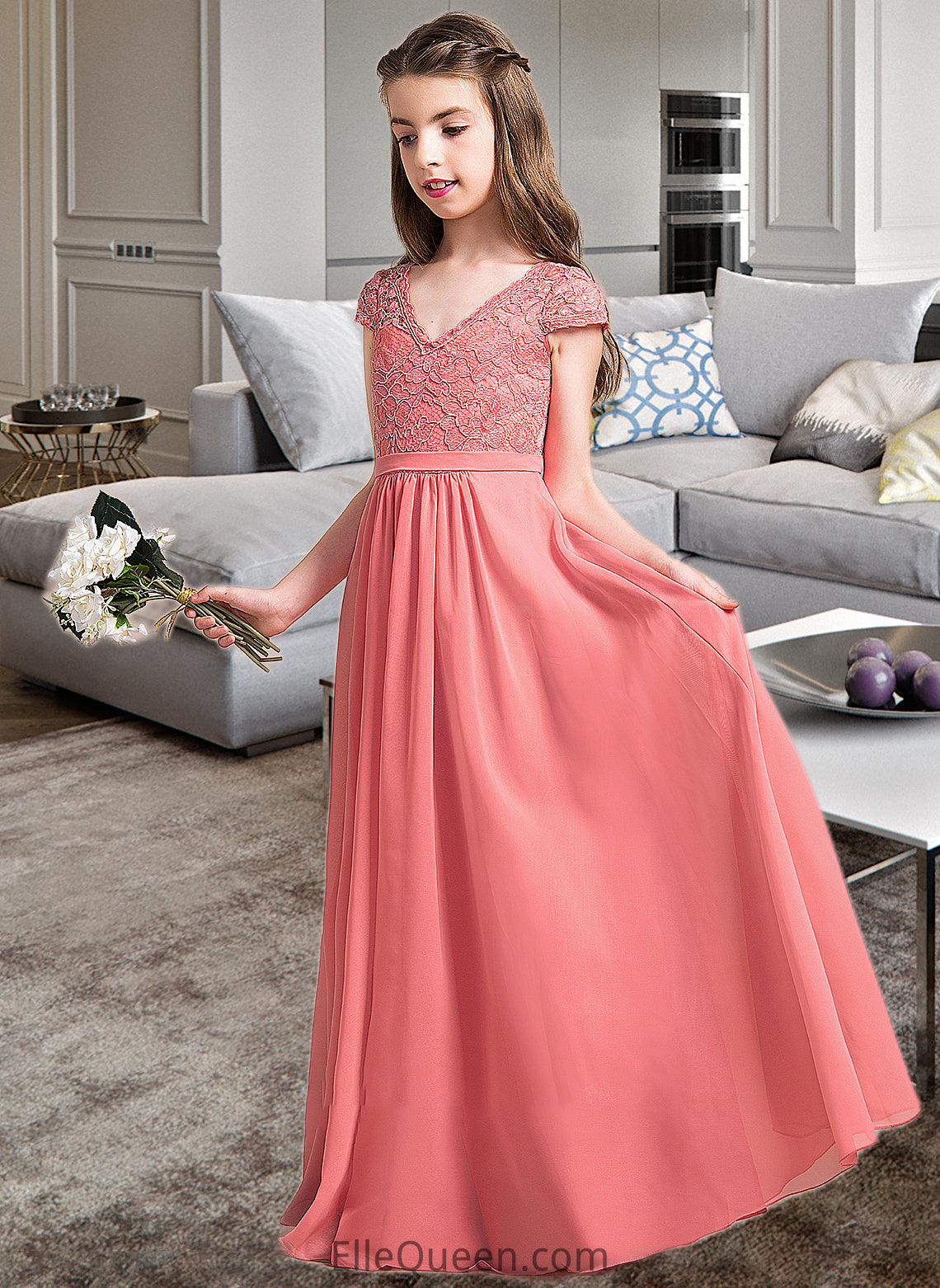 Violet A-Line V-neck Floor-Length Chiffon Lace Junior Bridesmaid Dress DGP0013634