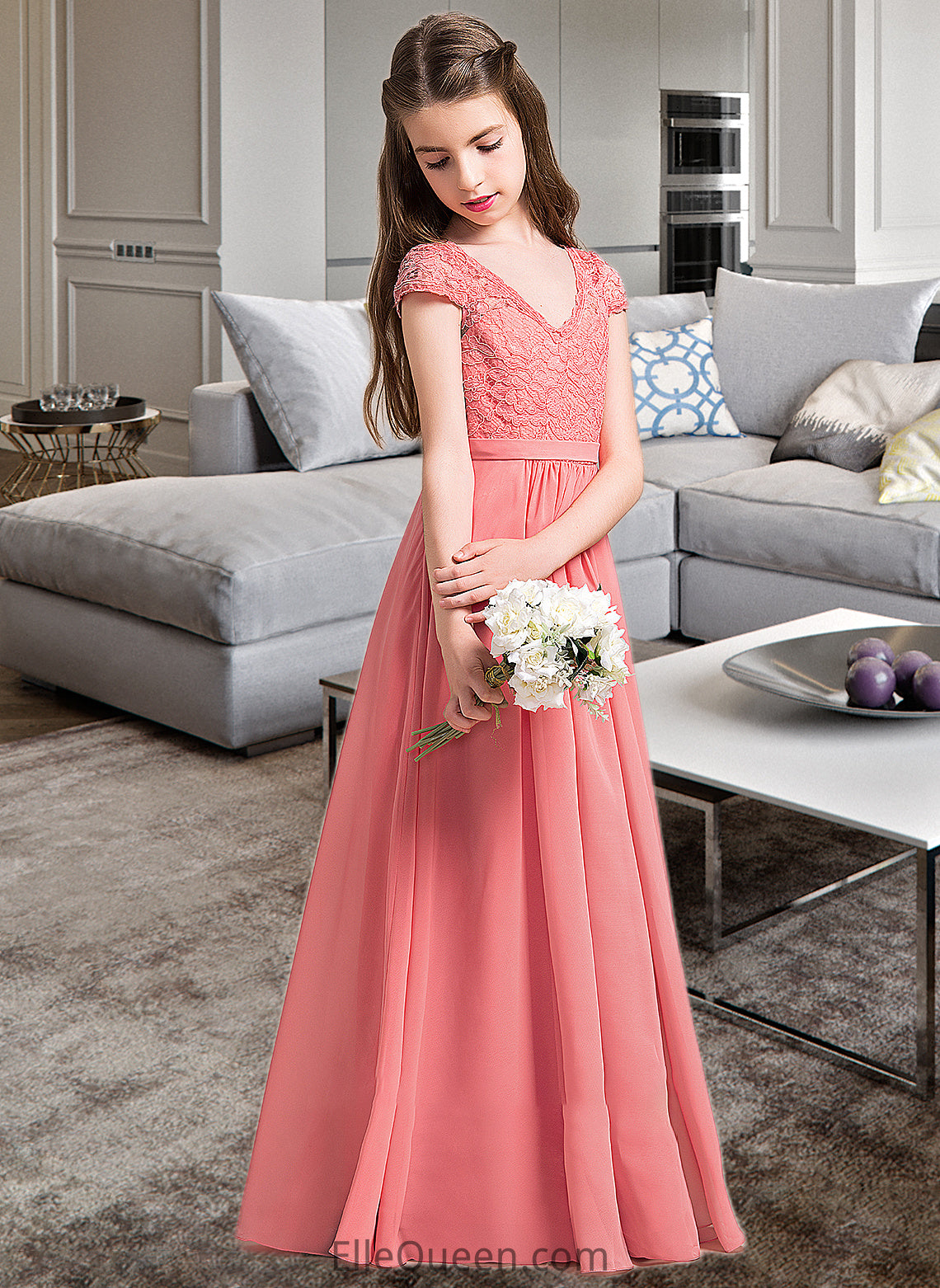 Violet A-Line V-neck Floor-Length Chiffon Lace Junior Bridesmaid Dress DGP0013634