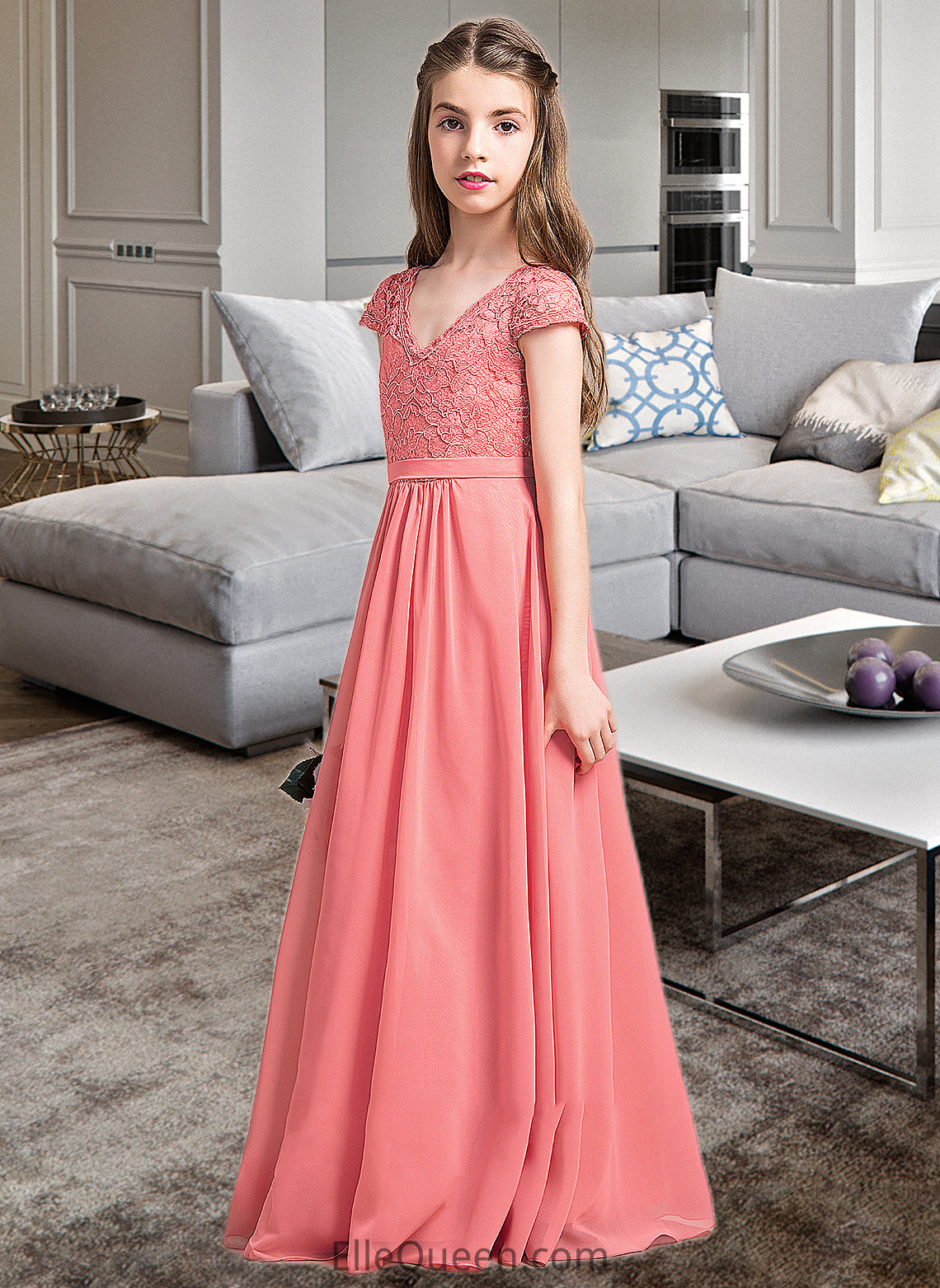 Violet A-Line V-neck Floor-Length Chiffon Lace Junior Bridesmaid Dress DGP0013634