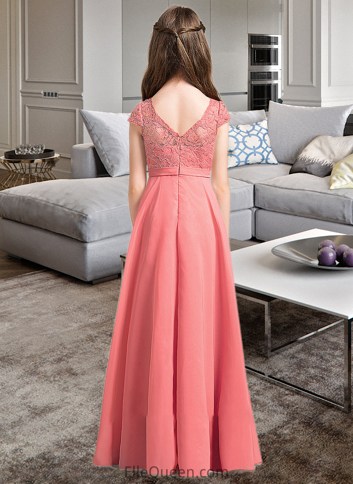 Violet A-Line V-neck Floor-Length Chiffon Lace Junior Bridesmaid Dress DGP0013634