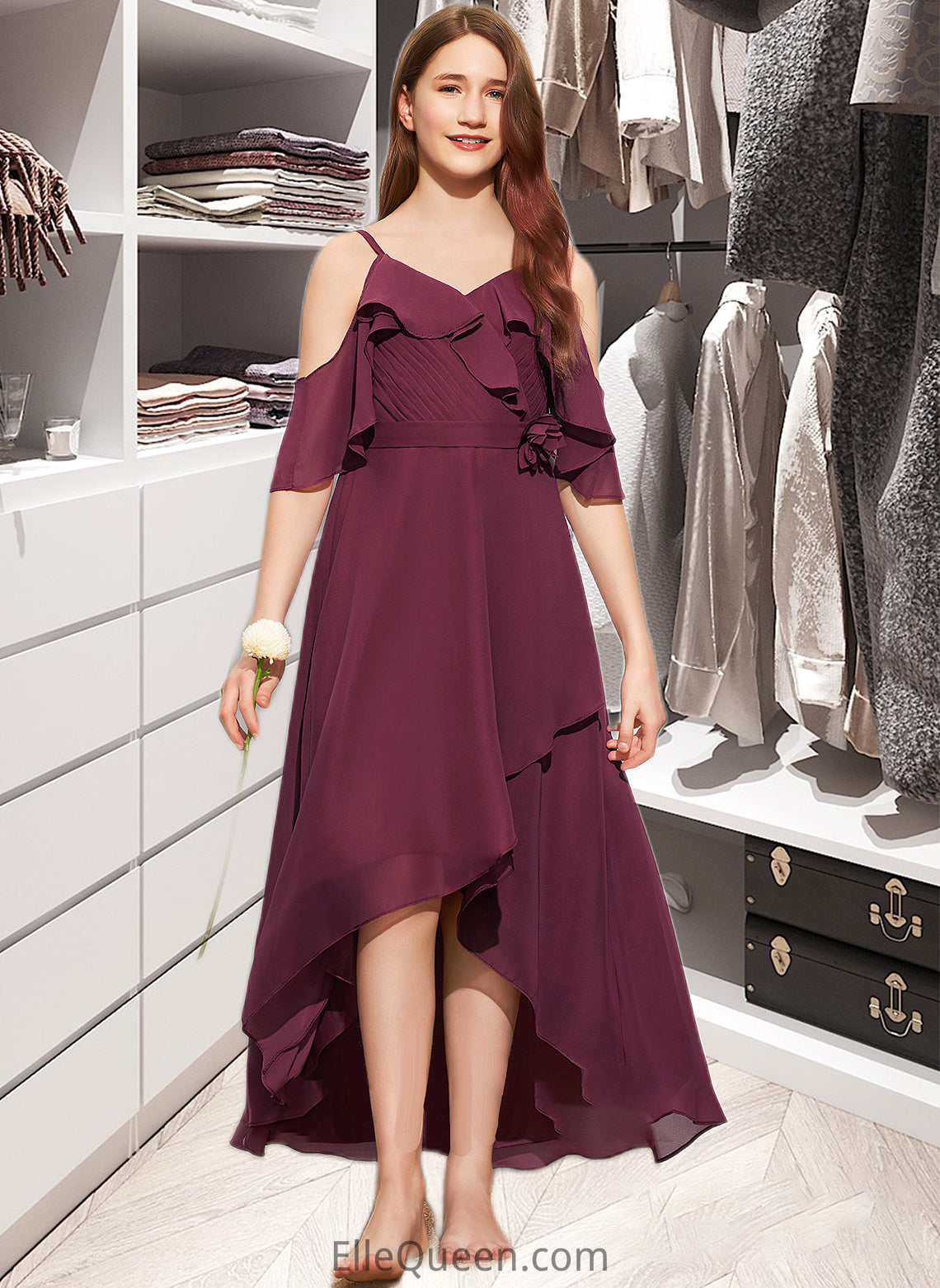 Karla A-Line Off-the-Shoulder Asymmetrical Chiffon Junior Bridesmaid Dress With Cascading Ruffles DGP0013636