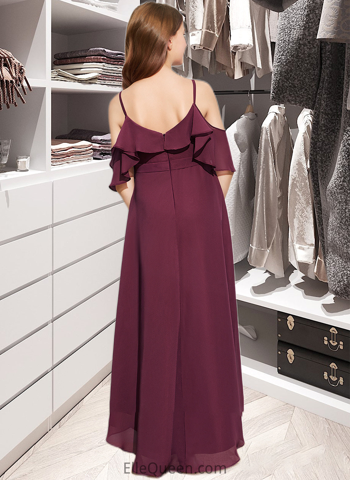 Karla A-Line Off-the-Shoulder Asymmetrical Chiffon Junior Bridesmaid Dress With Cascading Ruffles DGP0013636