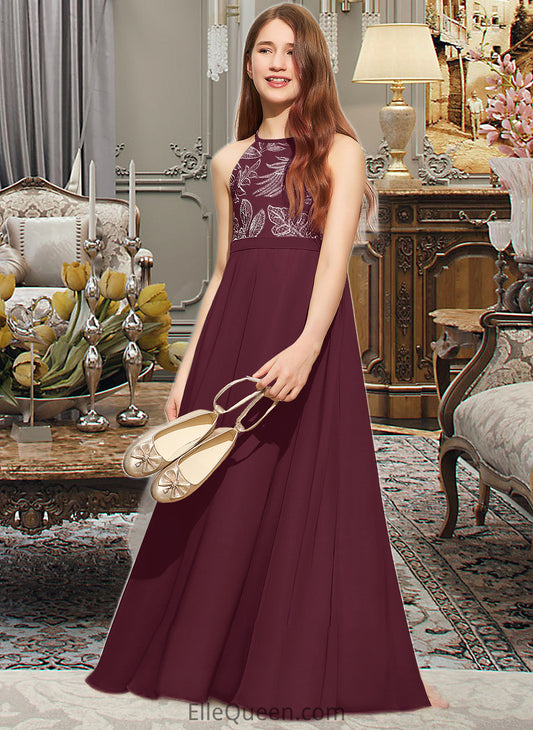 Tamara A-Line Scoop Neck Floor-Length Chiffon Lace Junior Bridesmaid Dress With Bow(s) DGP0013637