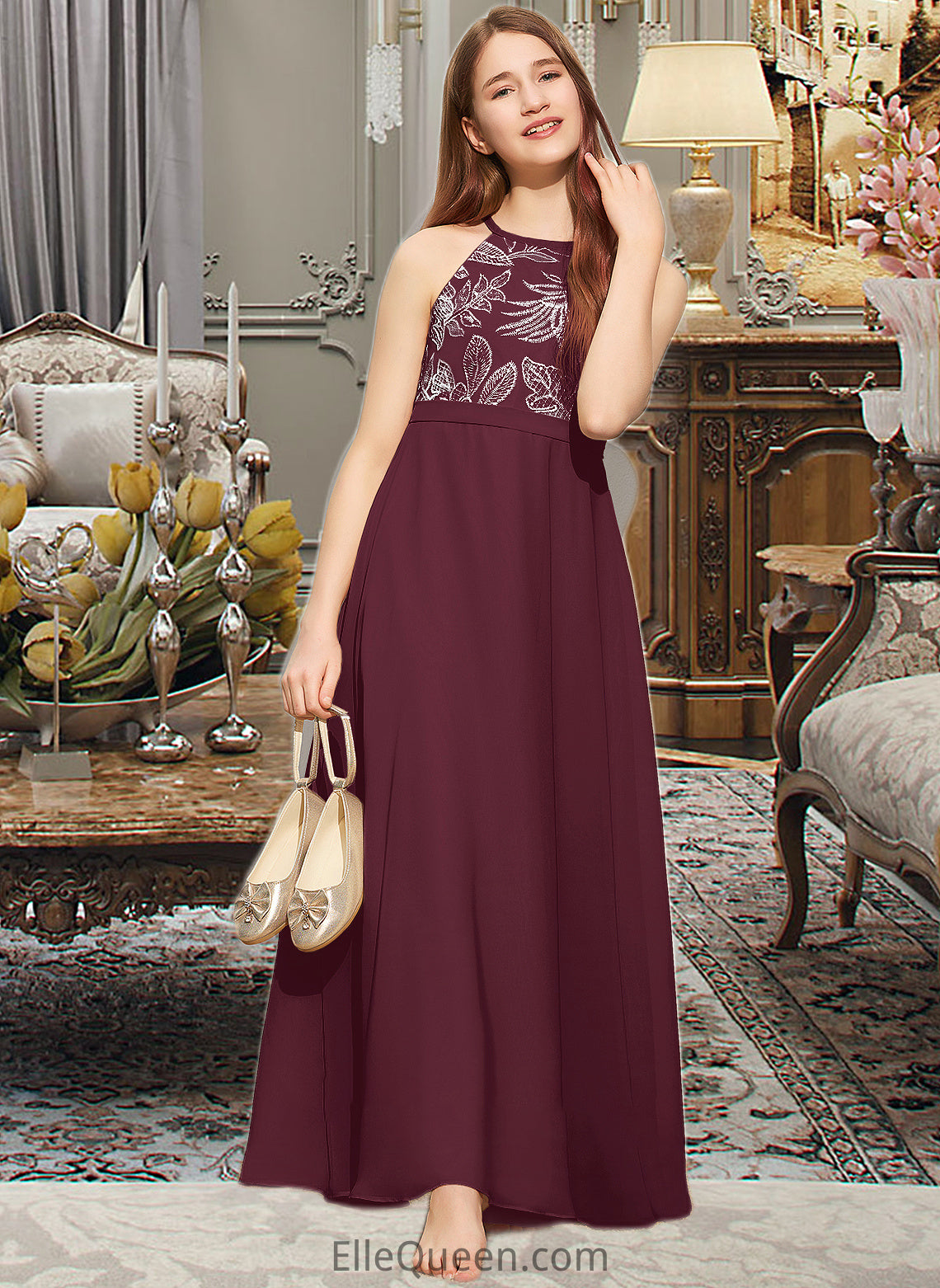 Tamara A-Line Scoop Neck Floor-Length Chiffon Lace Junior Bridesmaid Dress With Bow(s) DGP0013637