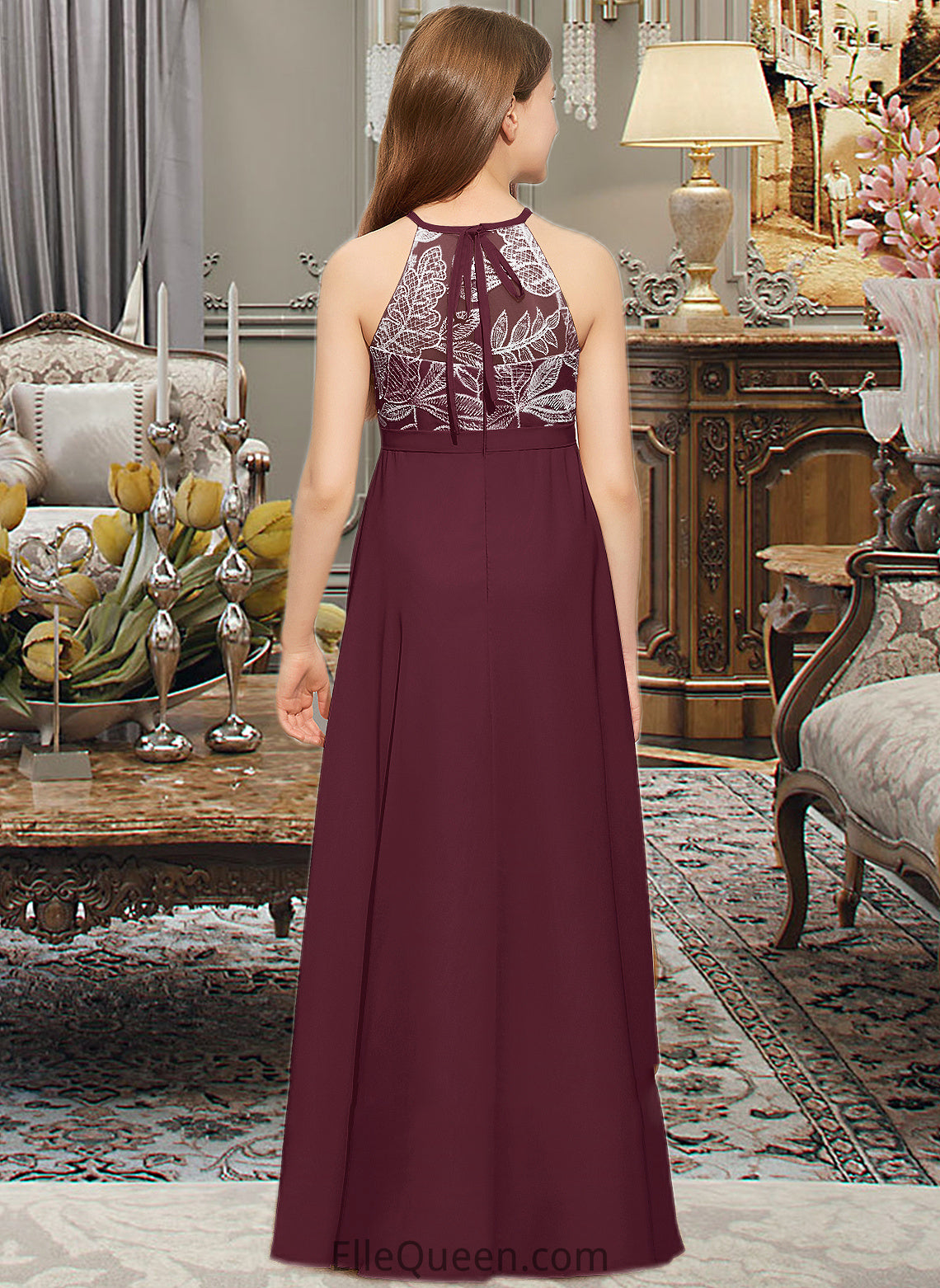 Tamara A-Line Scoop Neck Floor-Length Chiffon Lace Junior Bridesmaid Dress With Bow(s) DGP0013637