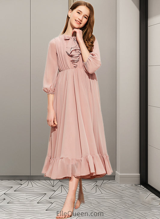 Hilda A-Line Scoop Neck Tea-Length Chiffon Junior Bridesmaid Dress With Bow(s) Cascading Ruffles DGP0013638