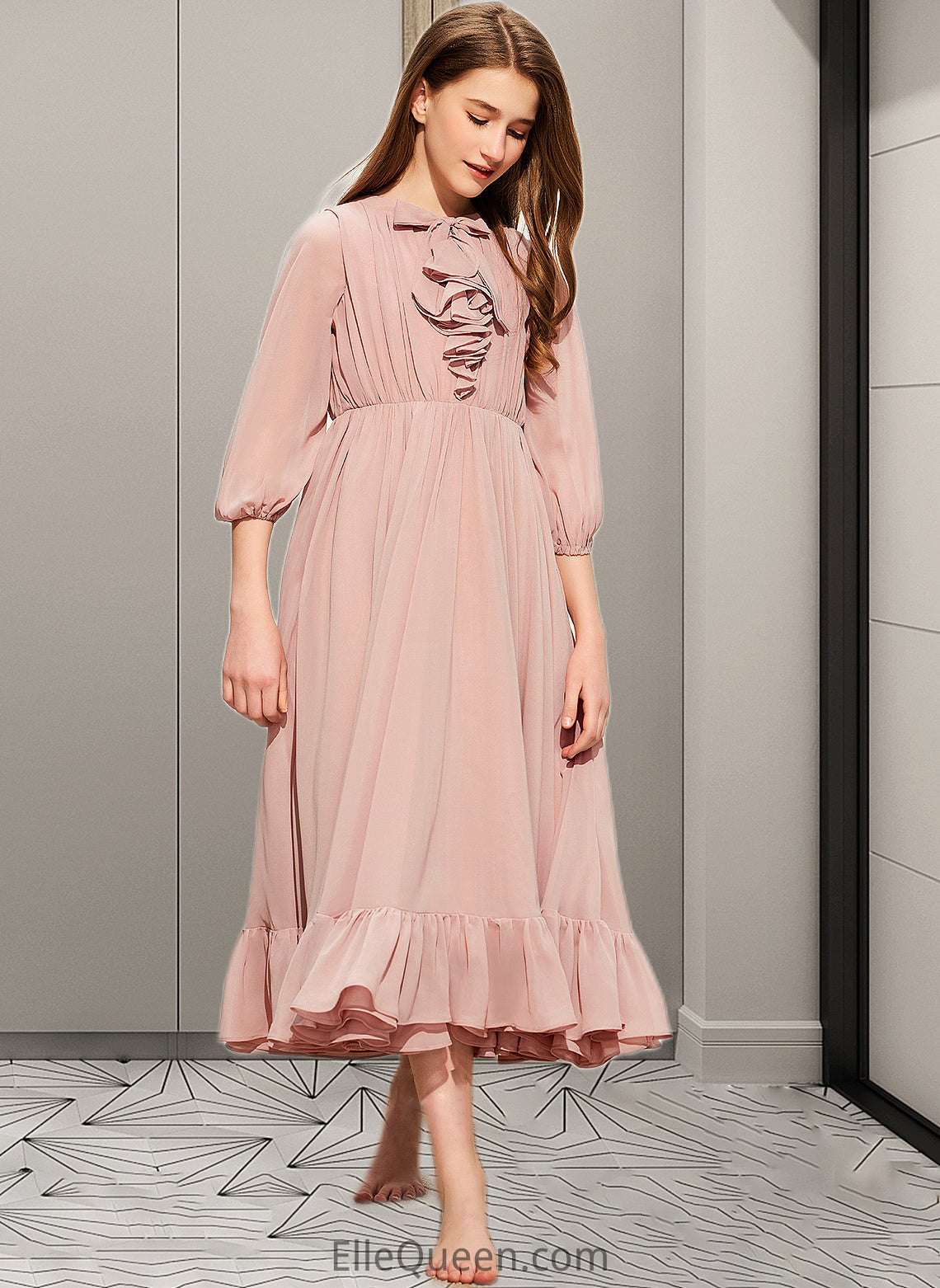 Hilda A-Line Scoop Neck Tea-Length Chiffon Junior Bridesmaid Dress With Bow(s) Cascading Ruffles DGP0013638